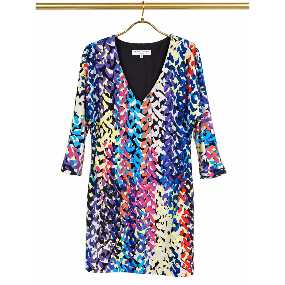 Trina Turk Womens 6 Dominica Dress Multicolor V Neck 3/4 Sleeve Lined Jersey